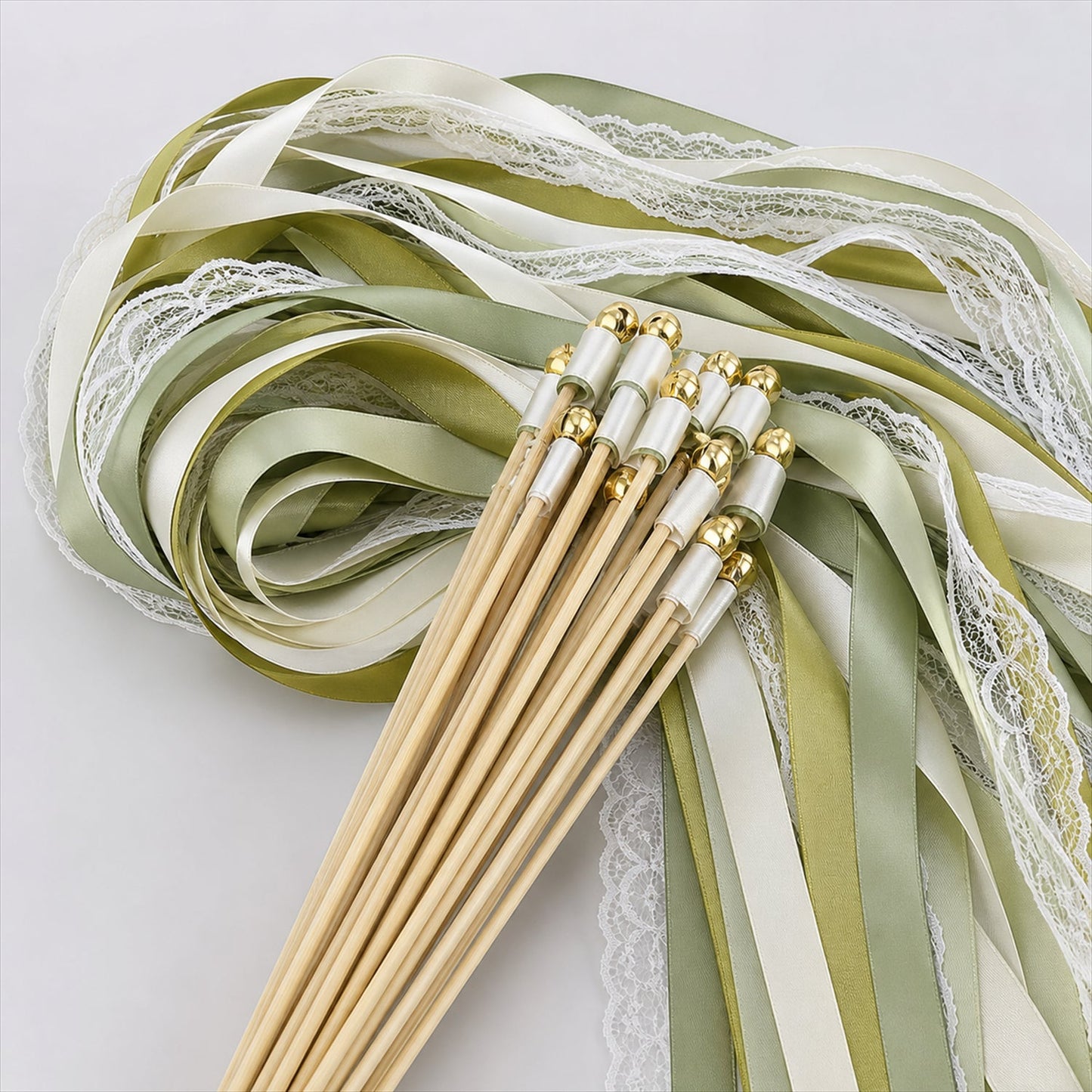 Handmade Olive, Sage, Ivory & White Satin & Lace Wedding Ribbon Wands with Bell