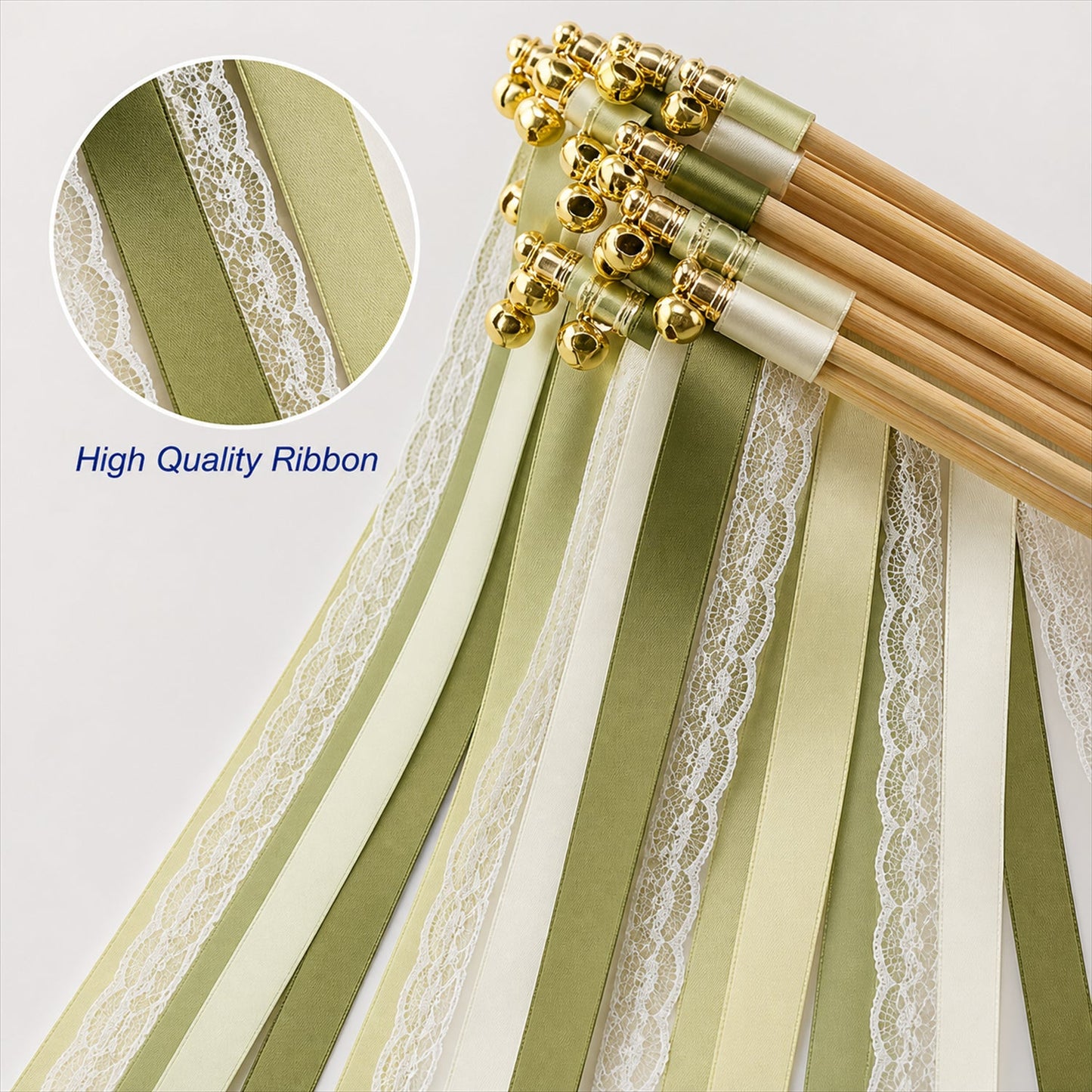Handmade Olive, Sage, Ivory & White Satin & Lace Wedding Ribbon Wands with Bell