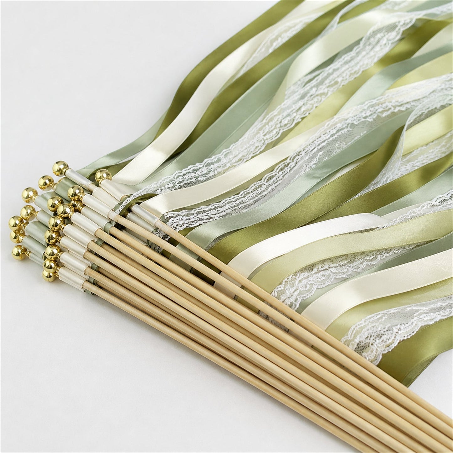 Handmade Olive, Sage, Ivory & White Satin & Lace Wedding Ribbon Wands with Bell