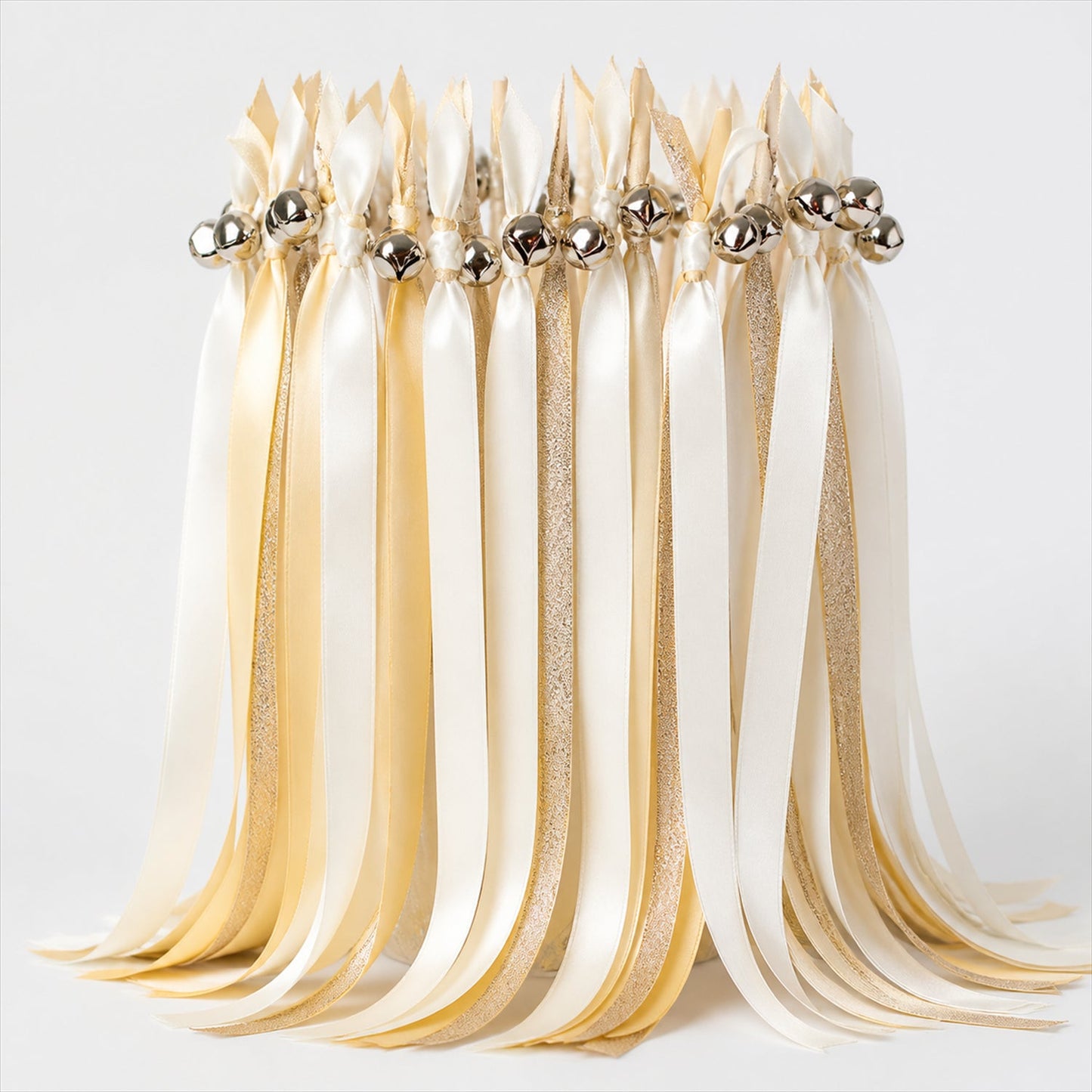Handmade Ivory, Champagne & Gold Glitter Satin & Glitter Wedding Ribbon Wands with Bell