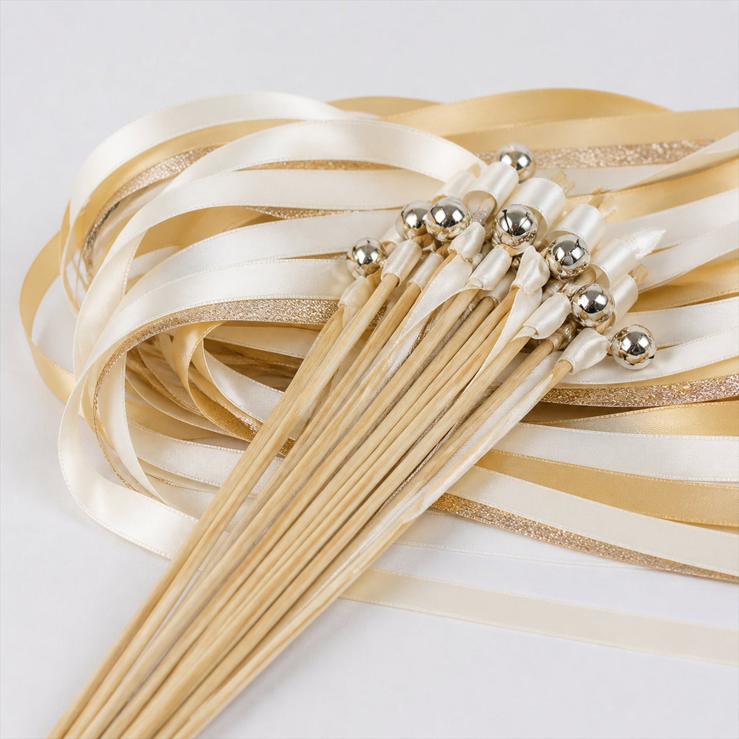 Handmade Ivory, Champagne & Gold Glitter Satin & Glitter Wedding Ribbon Wands with Bell