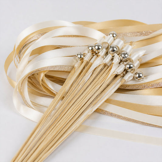 Handmade Ivory, Champagne & Gold Glitter Satin & Glitter Wedding Ribbon Wands with Bell