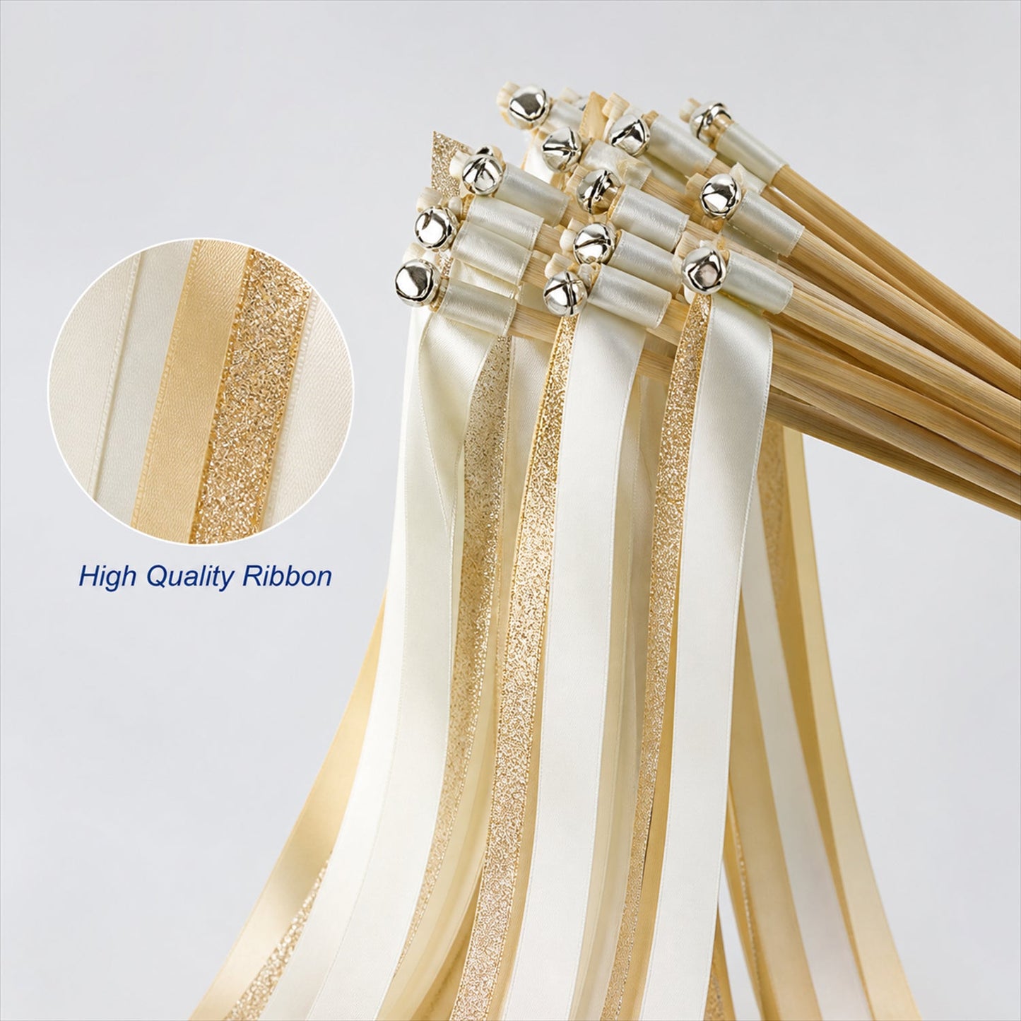Handmade Ivory, Champagne & Gold Glitter Satin & Glitter Wedding Ribbon Wands with Bell