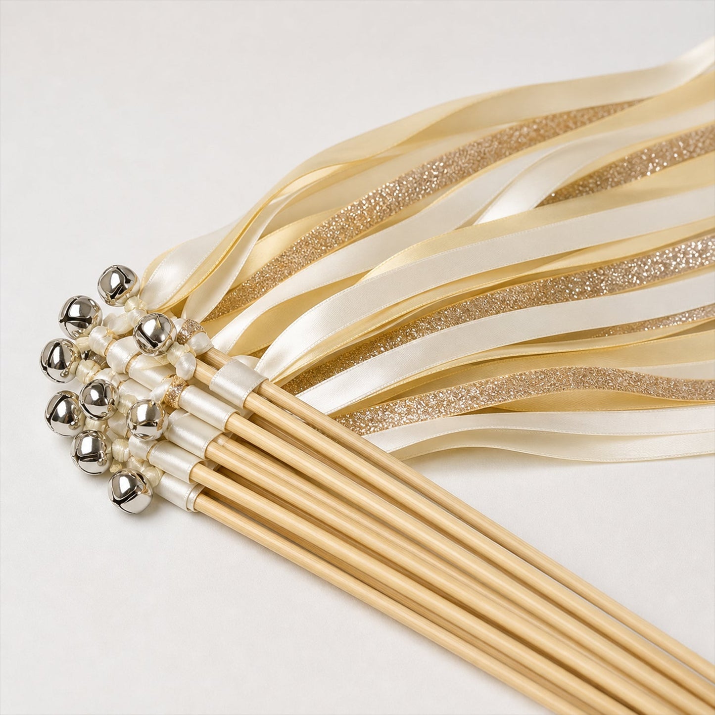 Handmade Ivory, Champagne & Gold Glitter Satin & Glitter Wedding Ribbon Wands with Bell