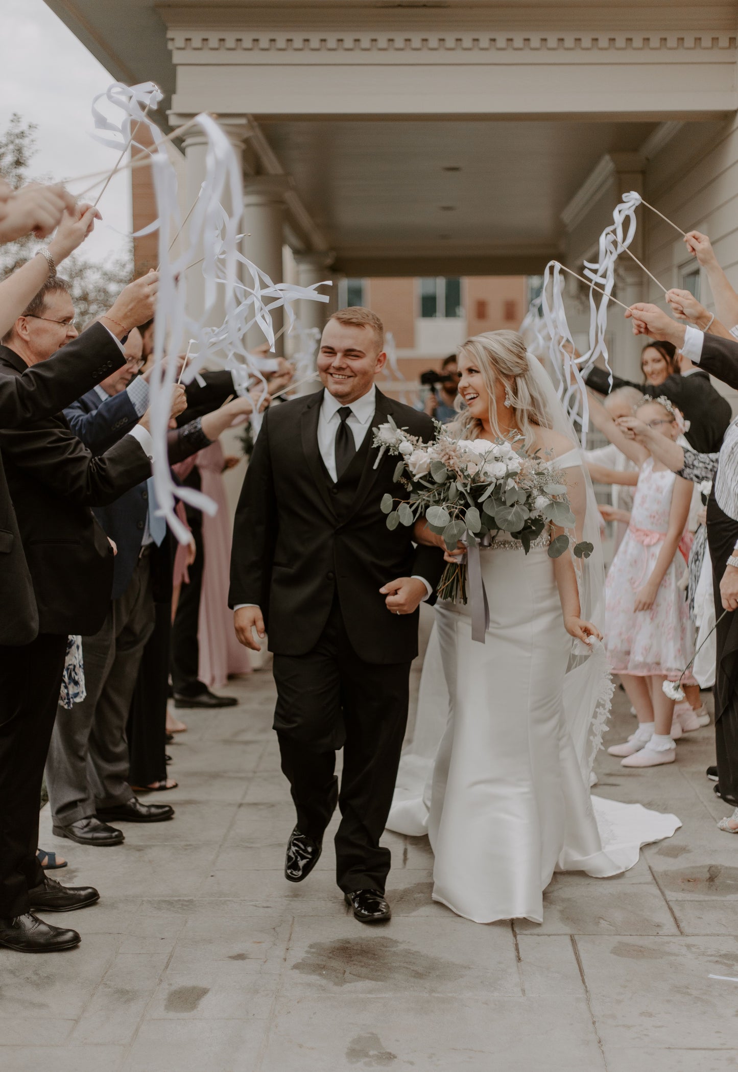 Handmade Dusty Blue Rosewood Wedding Ribbon Wands with Bell - Off White Satin Ribbons