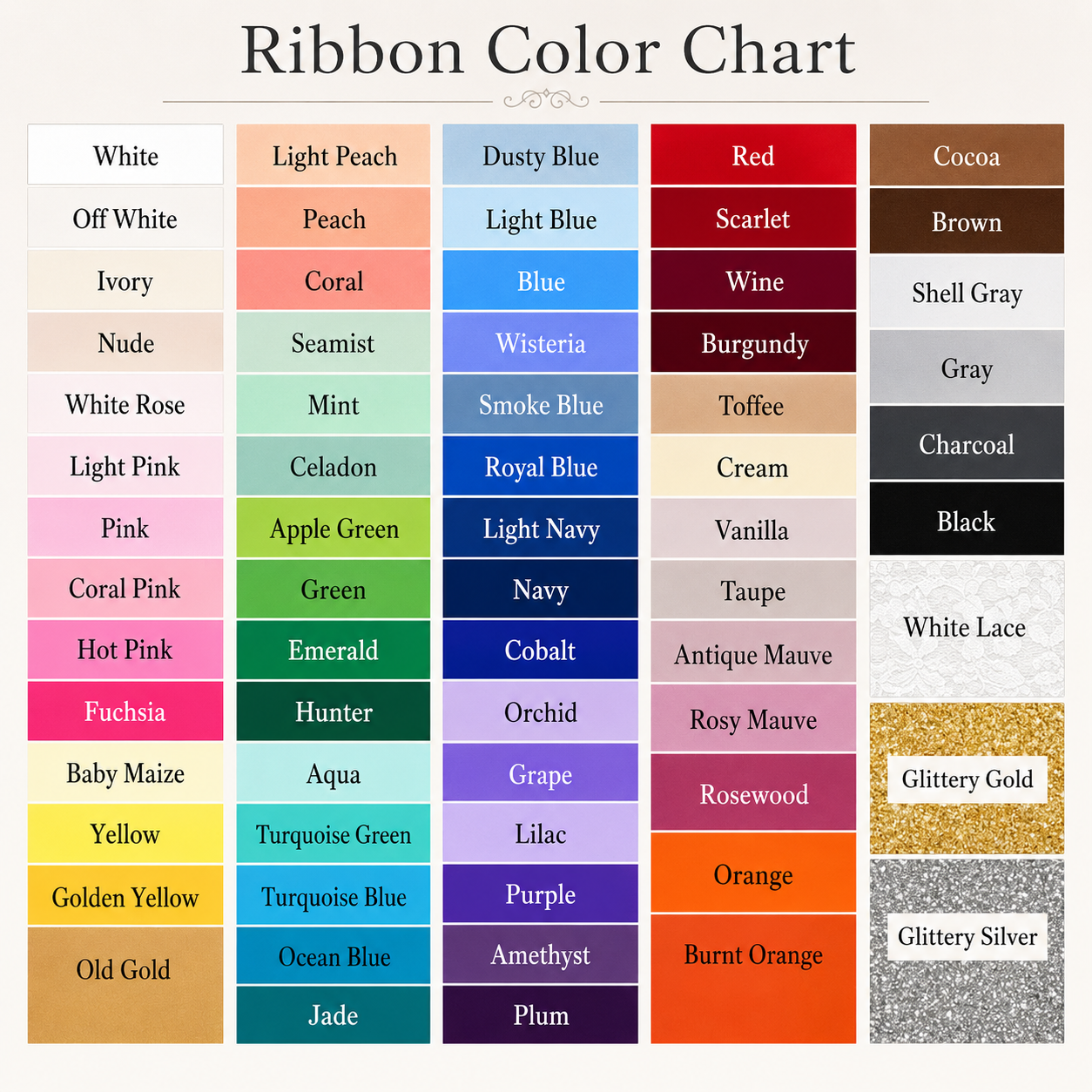 Ribbon color chart with various color swatches and names