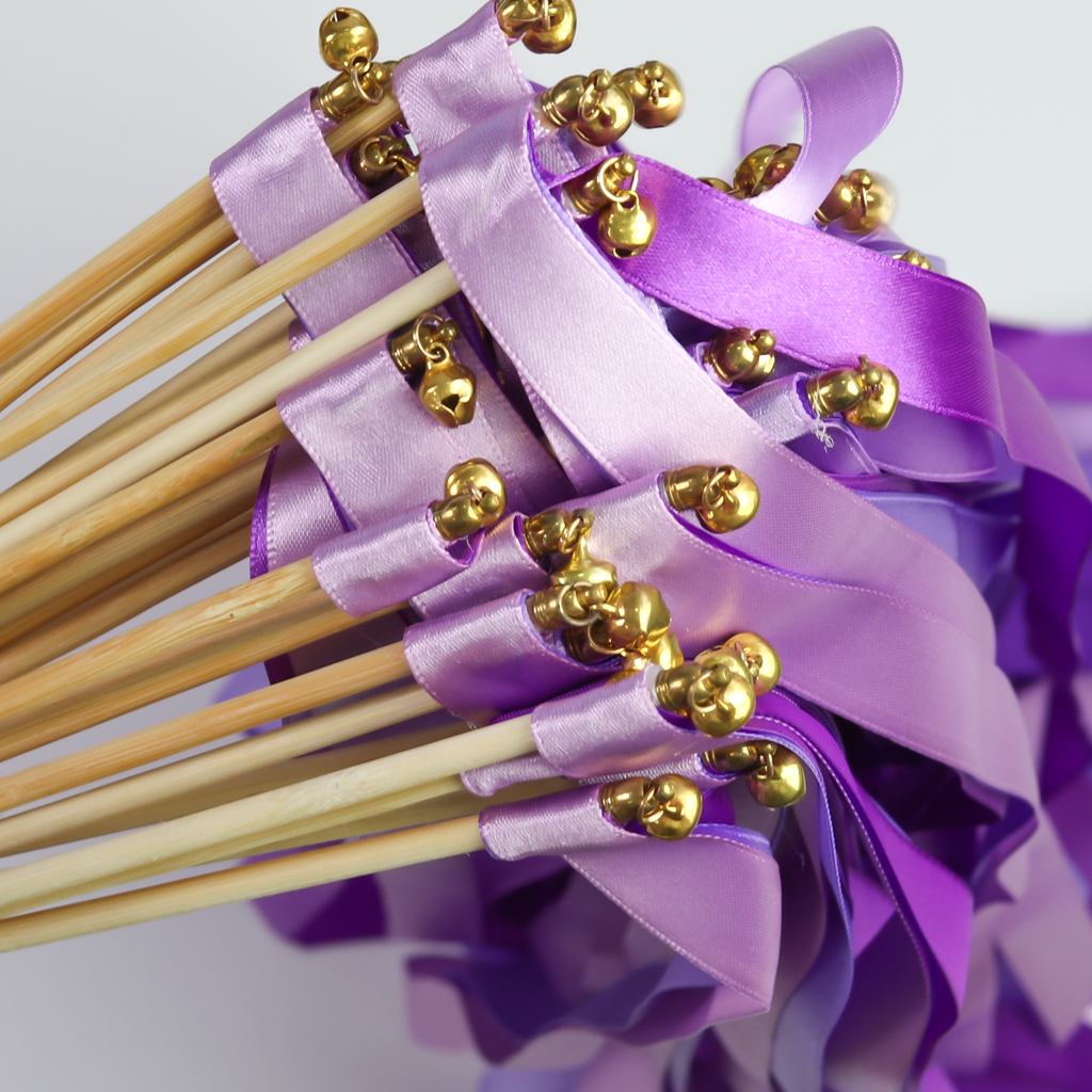 Handmade Luxury Purple Ribbon Wands with Gold Bells for Fairytale Wedding Send-Off