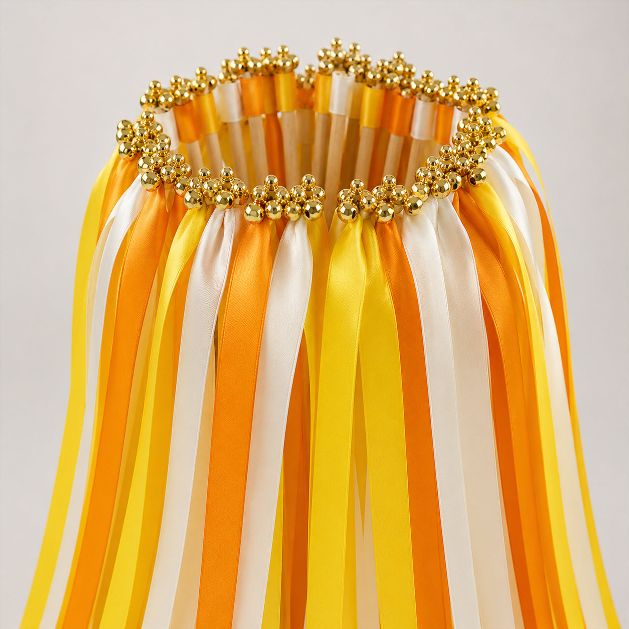 Handmade Lemon Yellow, Orange & Ivory Satin Wedding Ribbon Wands with Bell