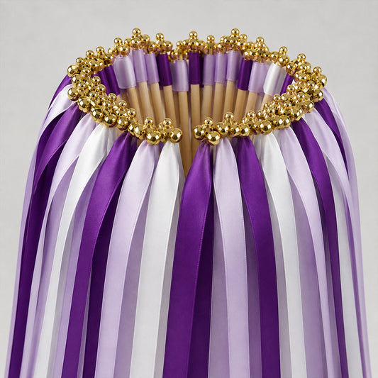 Handmade Plum, Purple, Lavender & White Satin Wedding Ribbon Wands with Bell