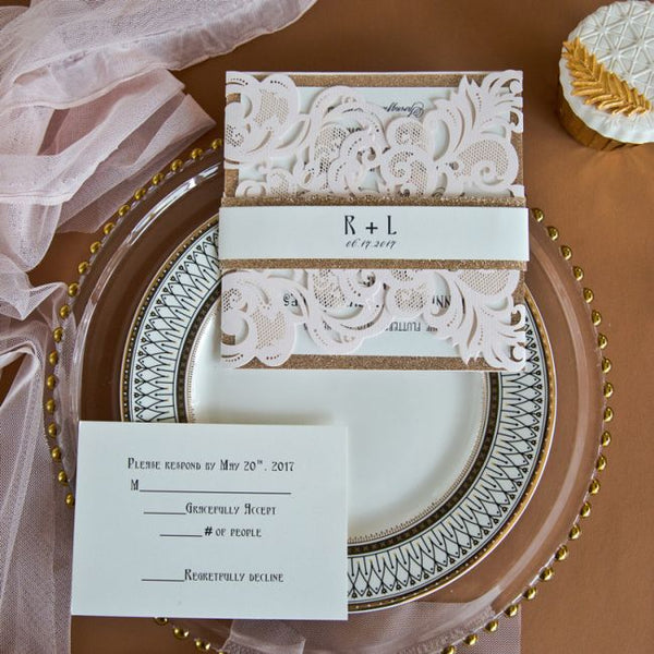 Elegant blush laser wedding invitation with rose gold glitter belly band LCZ001 - Hibrides