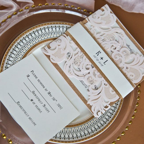 Elegant blush laser wedding invitation with rose gold glitter belly band LCZ001 - Hibrides