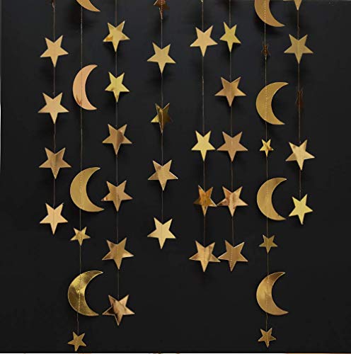 Gold Star Moon Garland Streamers Banner Backdrop for Wedding Bridal Shower Decor - Hibrides
