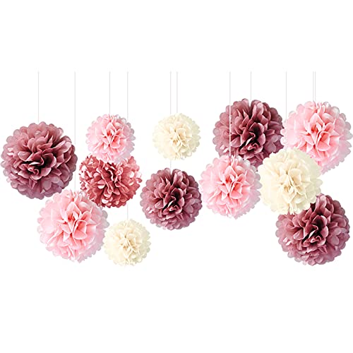 12 PCS Dusty Rose Blush Pink Tissue Pom Poms for Birthday Wedding Decorations - Hibrides