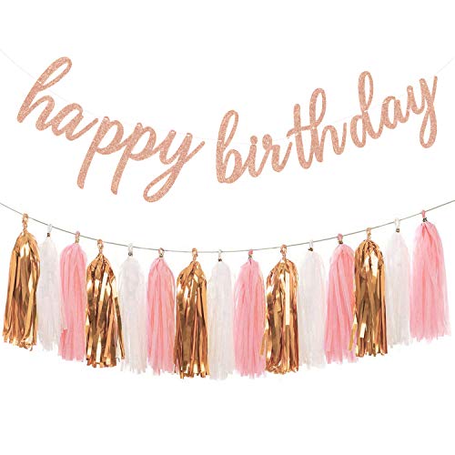Rose Gold Birthday Party Decorations with Happy Birthday Banner and Tissue Pom Poms - Hibrides