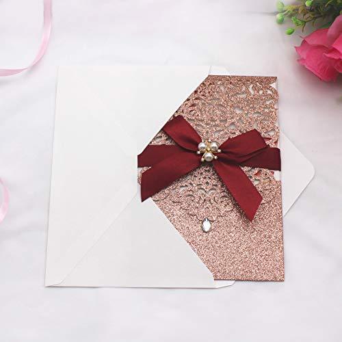 Rose Gold Glitter Laser Cut Invitations Diamond and Ribbon Design LCZ111 - Hibrides