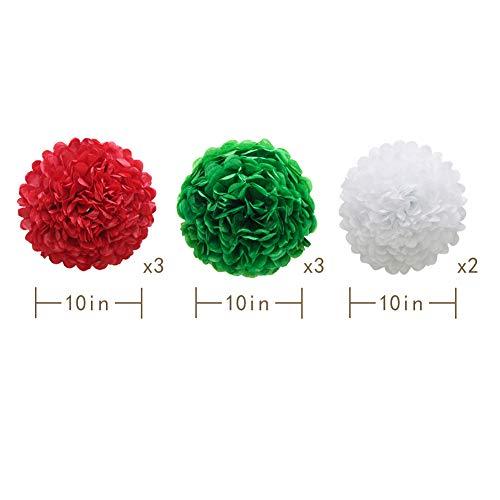 14pcs Red White Green Hanging Paper Pom Poms and Fans Set for Christmas Birthday Wedding - Hibrides