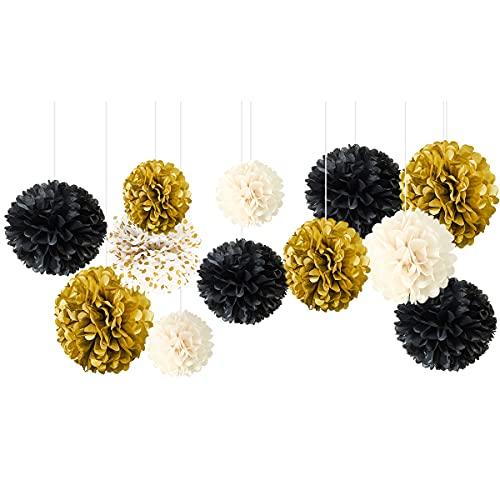 12 PCS Black Gold White Tissue Paper Pom Poms for Wedding Birthday Bridal Shower Decorations - Hibrides