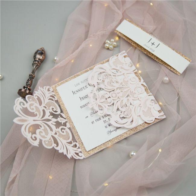 Elegant blush laser wedding invitation with rose gold glitter belly band LCZ001 - Hibrides