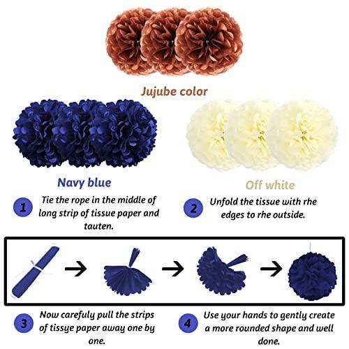 Navy Blue Rose Gold Birthday Party Decorations with Happy Birthday Banner Paper Pom Poms Balloons - Hibrides