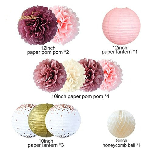 12PCS Dusty Rose Blush Pink Tissue Pom Poms for Wedding Bridal Shower Baby Shower Birthday - Hibrides