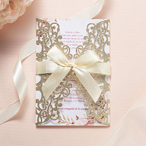 Glitter Floral Laser Cut Wedding Invitation Cards with Envelope LCZ108 - Hibrides