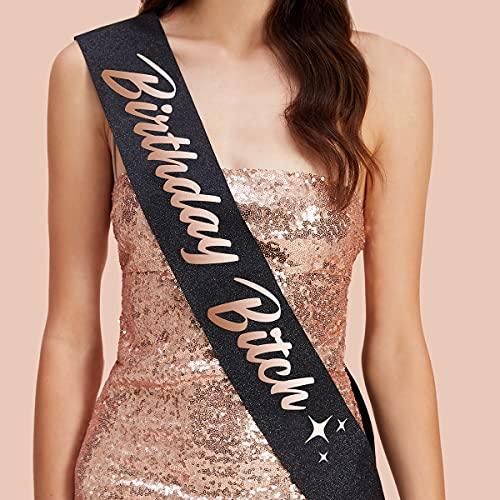 xo, Fetti Birthday Sash for Women - Black Glitter + Rose Gold Foil | Birthday Decorations - 21st, 30th, Birthday Girl - Hibrides