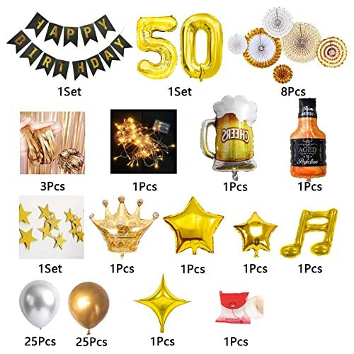 GoGoGoodie Birthday Decorations for Adult, 50th Birthday Party Supplies Set With String Light Include Gold Backdrop 40 Inches Number Balloons etc Perfect for Men and Women - Hibrides