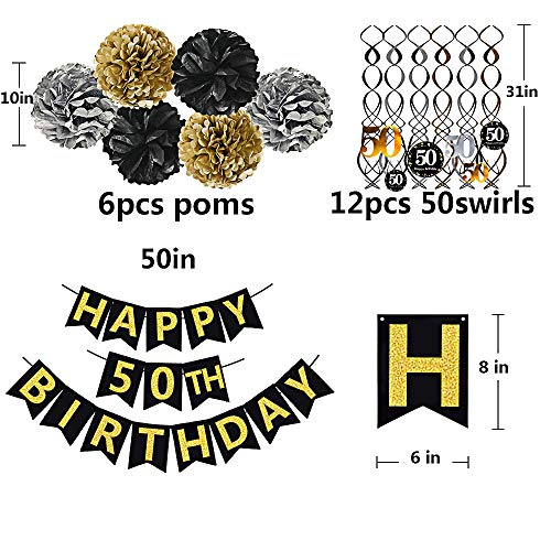 Black & Gold Glittery Happy 50th Birthday Banner - Hibrides