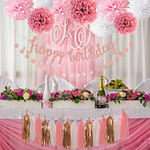 Pink Rose Gold Birthday Party Pom Pom Decorations Set - Hibrides