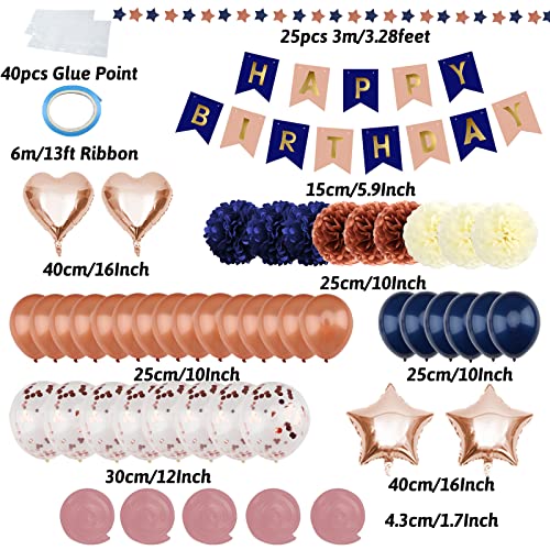 Navy Blue Rose Gold Birthday Party Decorations with Happy Birthday Banner Paper Pom Poms Balloons - Hibrides