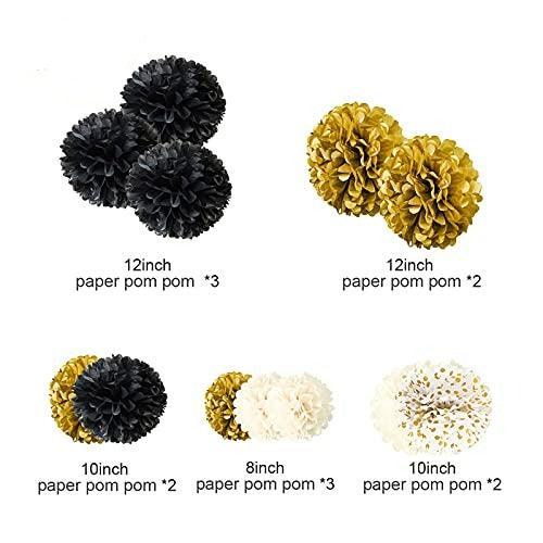 12 PCS Black Gold White Tissue Paper Pom Poms for Wedding Birthday Bridal Shower Decorations - Hibrides