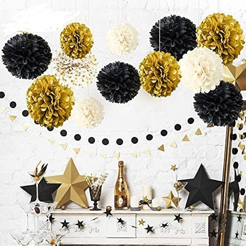 12 PCS Black Gold White Tissue Paper Pom Poms for Wedding Birthday Bridal Shower Decorations - Hibrides