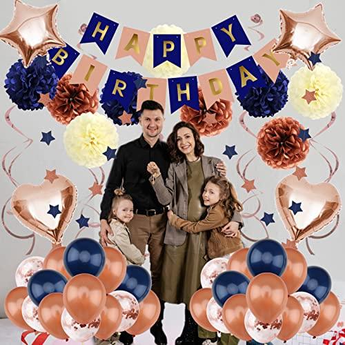 Navy Blue Rose Gold Birthday Party Decorations with Happy Birthday Banner Paper Pom Poms Balloons - Hibrides