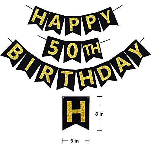 Black & Gold Glittery Happy 50th Birthday Banner - Hibrides