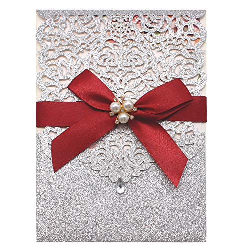 Silver Glitter Laser Cut Invitations with RSVP Cards and Envelopes Luxury Diamond and Ribbon Design LCZ110 - Hibrides