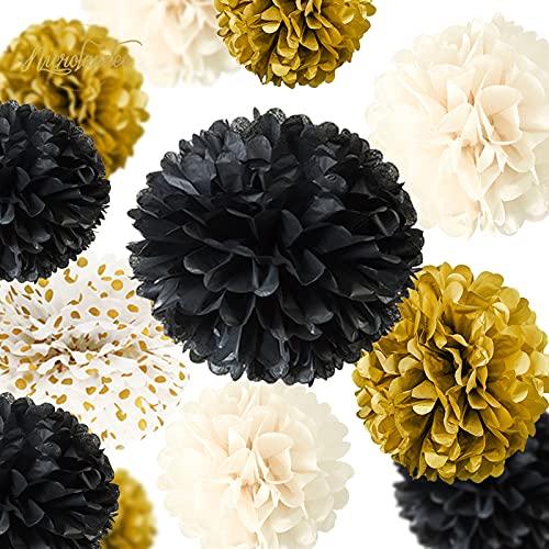 12 PCS Black Gold White Tissue Paper Pom Poms for Wedding Birthday Bridal Shower Decorations - Hibrides
