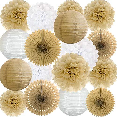17pcs Rustic Paper Pom Poms Paper Fans Lanterns for Bridal Baby Shower Birthday Wedding - Hibrides