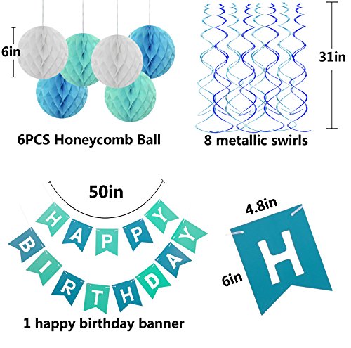 Blue Happy Birthday Banner Honeycomb balls Swirls Streamers for Birthday Decorations - Hibrides