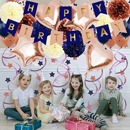 Navy Blue Rose Gold Birthday Party Decorations with Happy Birthday Banner Paper Pom Poms Balloons - Hibrides