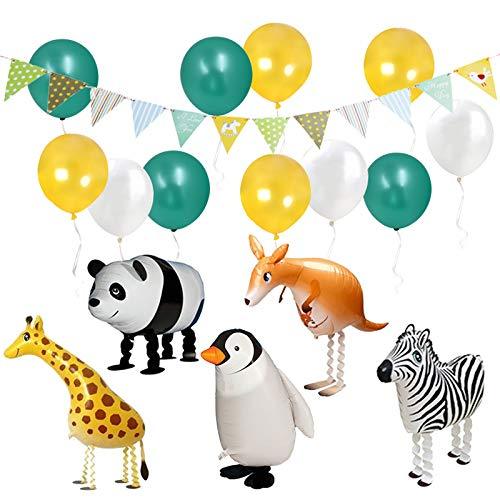 Jungle Safari Party Decorations-Walking Animal Balloons & Multicolor Triangle Flag Banner - Hibrides