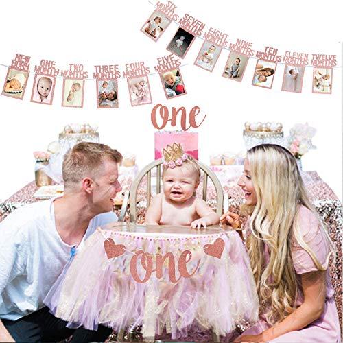 Rose Gold 1st Birthday Baby Photo Banner for First Birthday Party Decoration - Hibrides