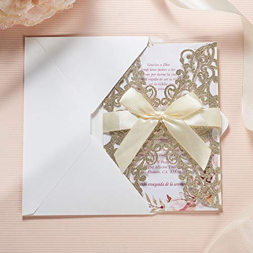 Glitter Floral Laser Cut Wedding Invitation Cards with Envelope LCZ108 - Hibrides