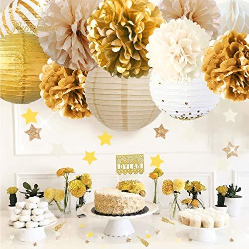 12PCS Gold White Tissue Pom Poms for Vintage Wedding Bridal Shower Baby Shower Backdrop - Hibrides