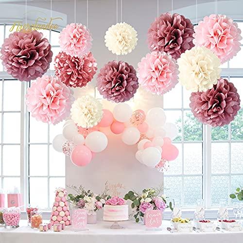 12 PCS Dusty Rose Blush Pink Tissue Pom Poms for Birthday Wedding Decorations - Hibrides