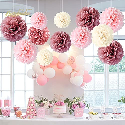 12 PCS Dusty Rose Blush Pink Tissue Pom Poms for Birthday Wedding Decorations - Hibrides