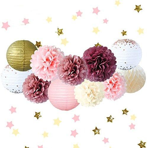 12PCS Dusty Rose Blush Pink Tissue Pom Poms for Wedding Bridal Shower Baby Shower Birthday - Hibrides