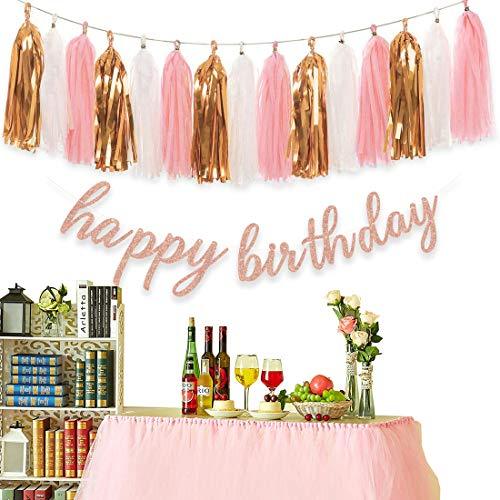Rose Gold Birthday Party Decorations with Happy Birthday Banner and Tissue Pom Poms - Hibrides