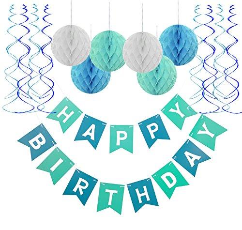 Blue Happy Birthday Banner Honeycomb balls Swirls Streamers for Birthday Decorations - Hibrides