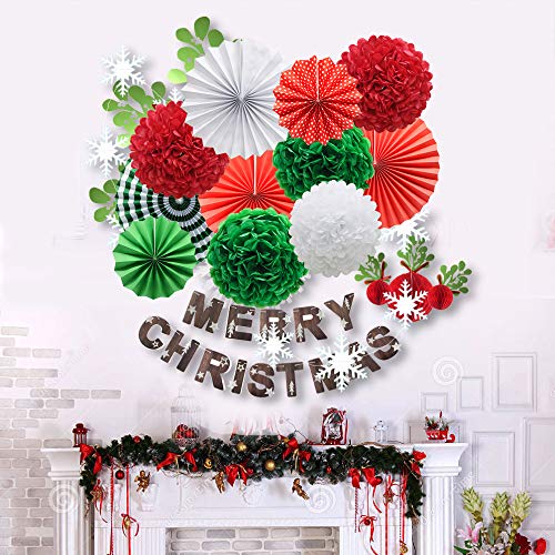 14pcs Red White Green Hanging Paper Pom Poms and Fans Set for Christmas Birthday Wedding - Hibrides