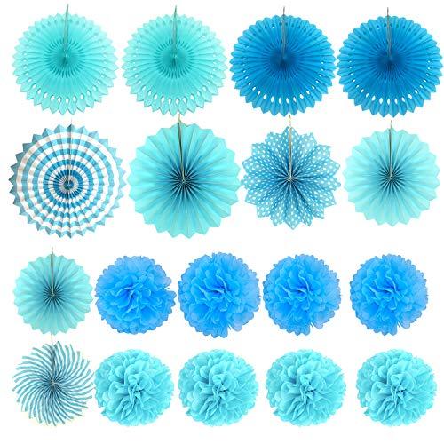 21Pcs Blue Hanging Paper Fans Pom Poms Flowers for Birthday Parties - Hibrides